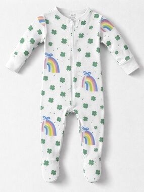 The Beaufort Bonnet Company shamrock bows and rainbows print footie NWOT o/3 m